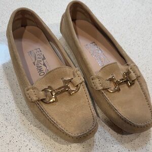 Salvatore Ferragamo Beige Suede Loafers with Gold Accent